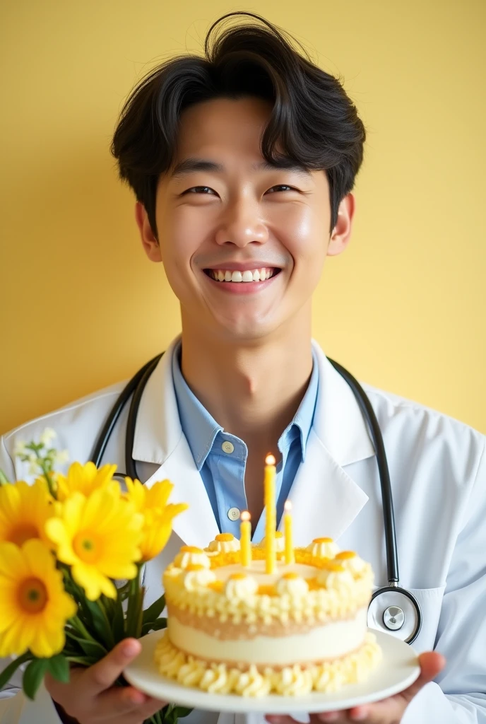 Kdrama actor Lee Min-ho winking while dressed as a doctor holding yellow flowers and a birthday cake