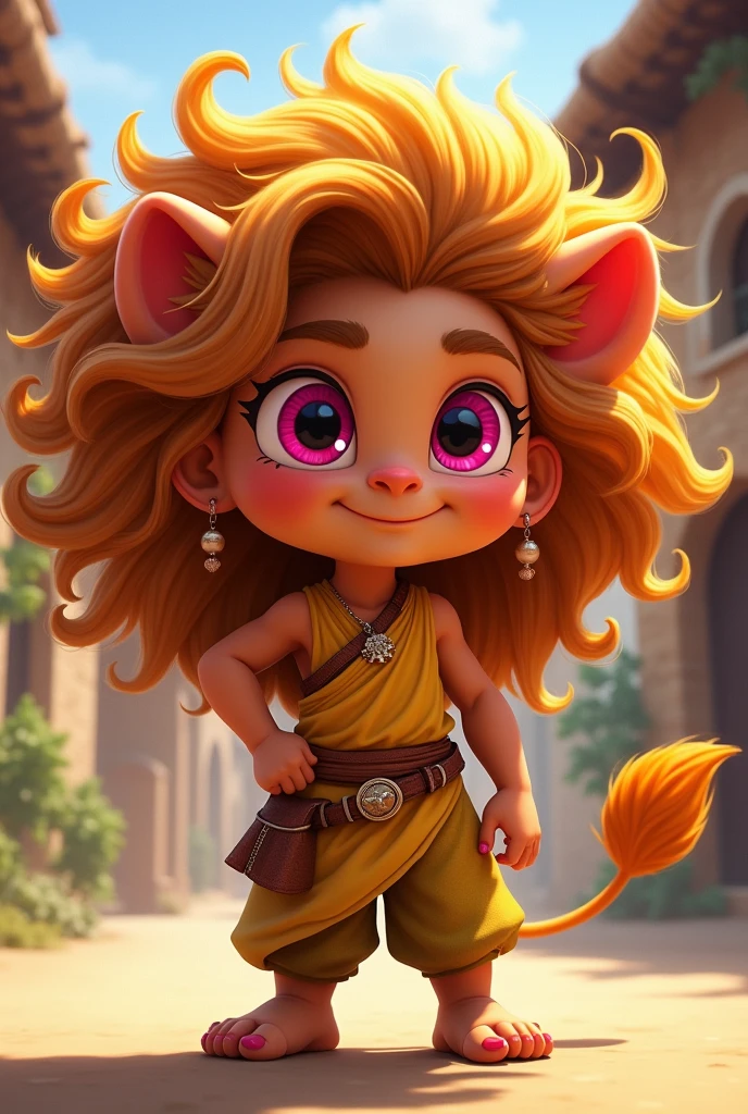 A child character with Hair: Arabela has long hair, voluminous and flowing, that resemble a lion&#39;s mane. They are probably a vibrant color, like a light brown or golden, reflecting his vain personality and wild energy.eyeballs: Your eyes can be large and expressive, with a vivid color like vibrant pink, conveying both his curiosity and his rebellious spirit.Skinned: Your skin can have a healthy, tanned tone, result of an active outdoor life in the village.