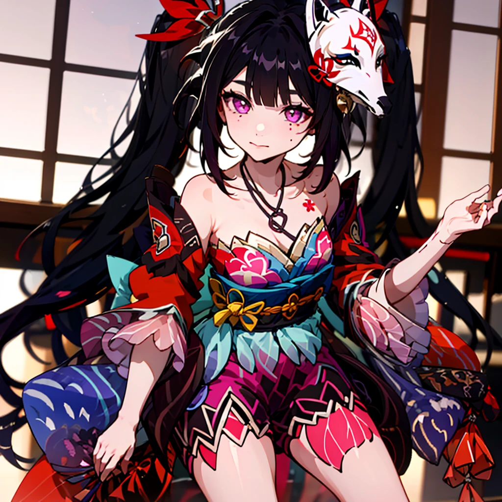 an extremely delicate and beautiful girl,8k wallpaper,masterpiece,indoors,cowboy_shot,sparkl,1girl,solo,mask on head,hair ornament,symbol-shaped pupils,kimono,shorts,bare legs,detached sleeves,looking at viewer,hair ornament,detached sleeves,neck bell,heart tattoo,collarbone,small breasts,standing,Latex clothes, high heels, high heel soles,