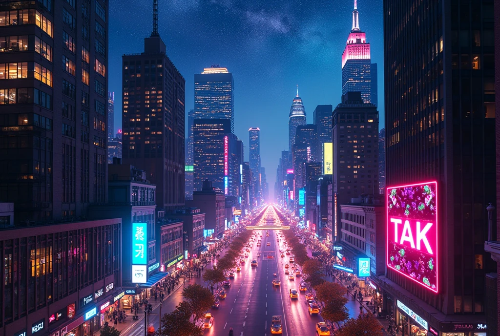 New York City, Night view, Ultra-high resolution,8k, Neon Town, Photorealistic, Colorful,Beautiful starry sky