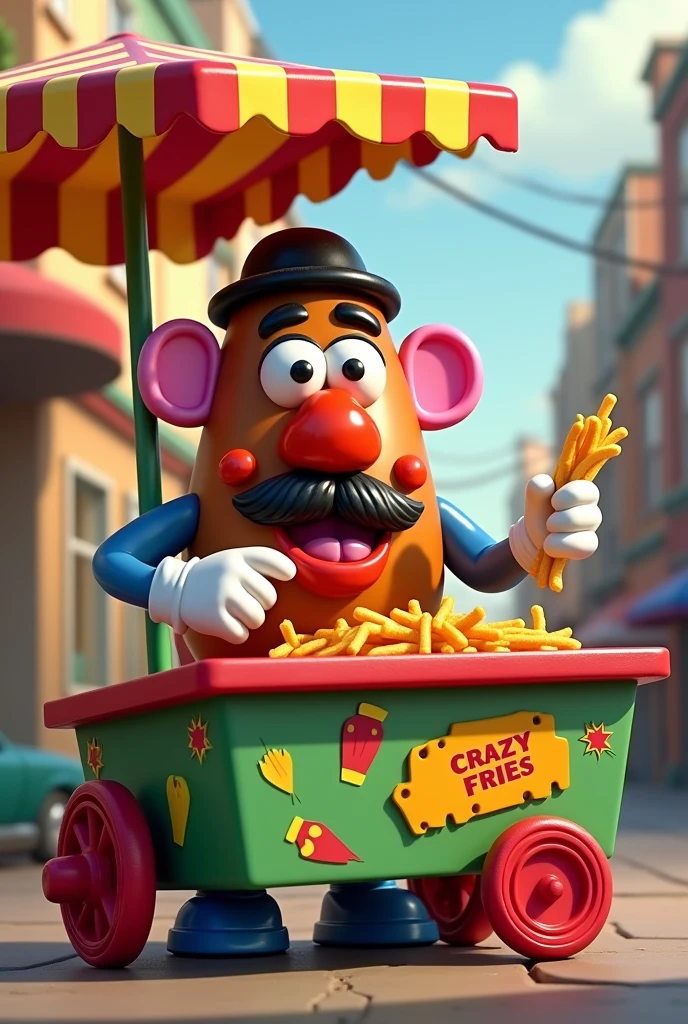 Mr. Potato Head cooking crazy fries in a food cart with a roof