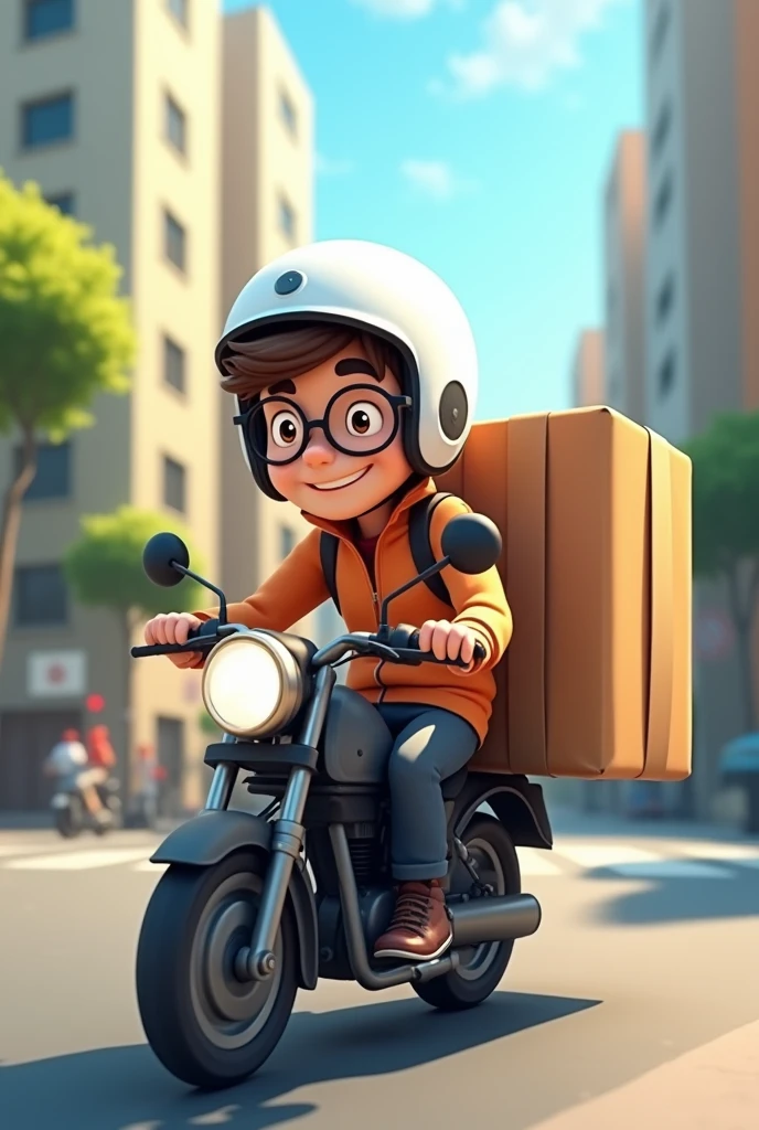 A delivery man on a motorcycle, with a white helmet, black motorcycle, glasses and a large delivery backpack and the image should be in a cartoon style