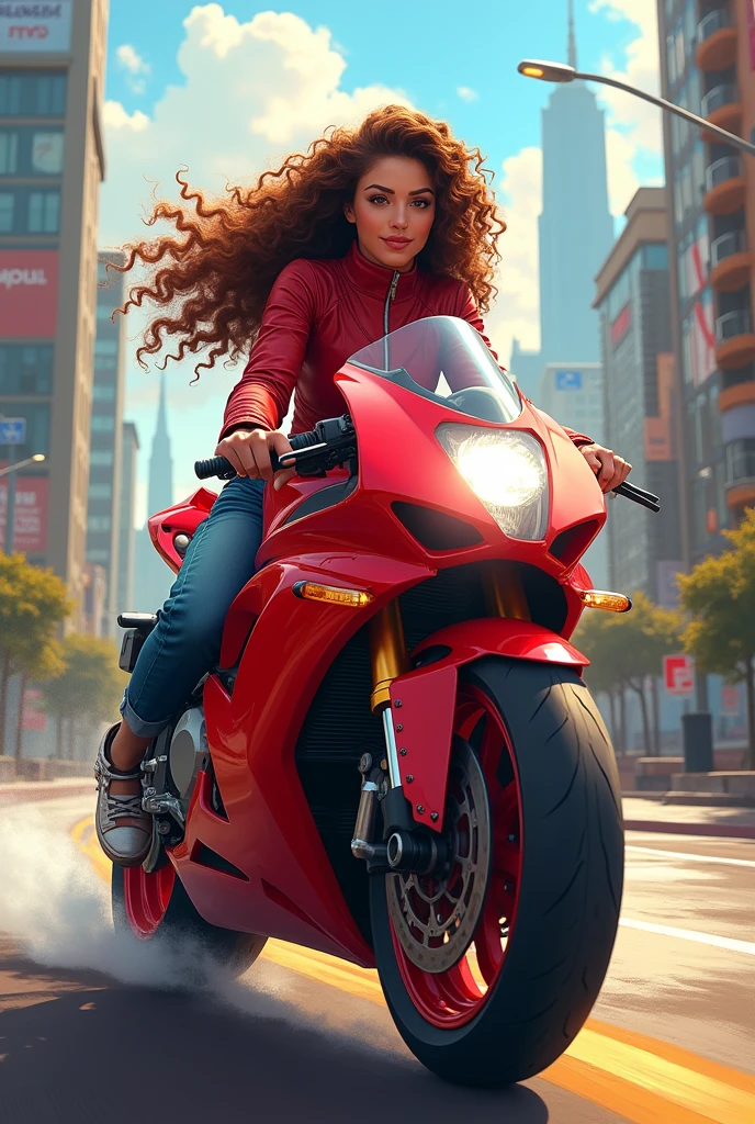 A curly white girl on top of a red motorcycle