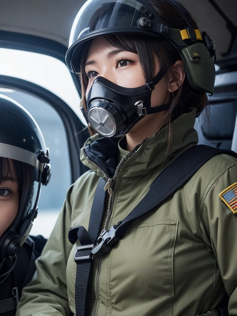 A female air force soldier wearing a helmet and pilot suit fighting in a fighter jet,Thick harness belt,Gas mask with regulator,