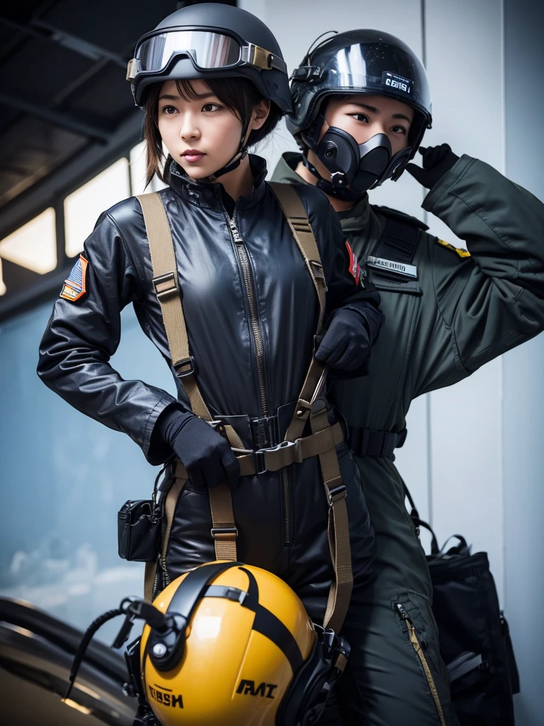 A female air force soldier wearing a helmet and pilot suit fighting in a fighter jet,Thick harness belt,Gas mask with regulator,