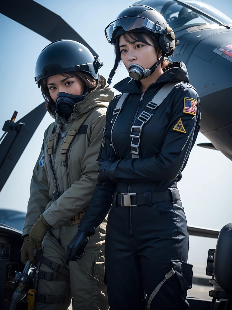 A female air force soldier wearing a helmet and pilot suit fighting in a fighter jet,Thick harness belt,Gas mask with regulator,