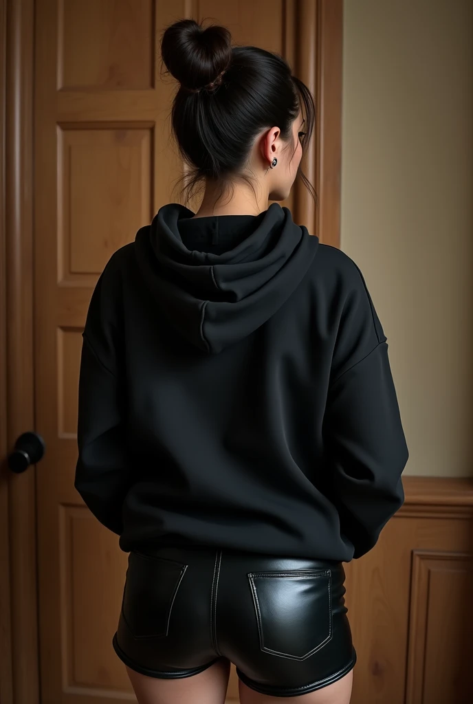black woman hair in a bun black hoodie black leather short shorts being fucked in the ass by a old grandma in a dress