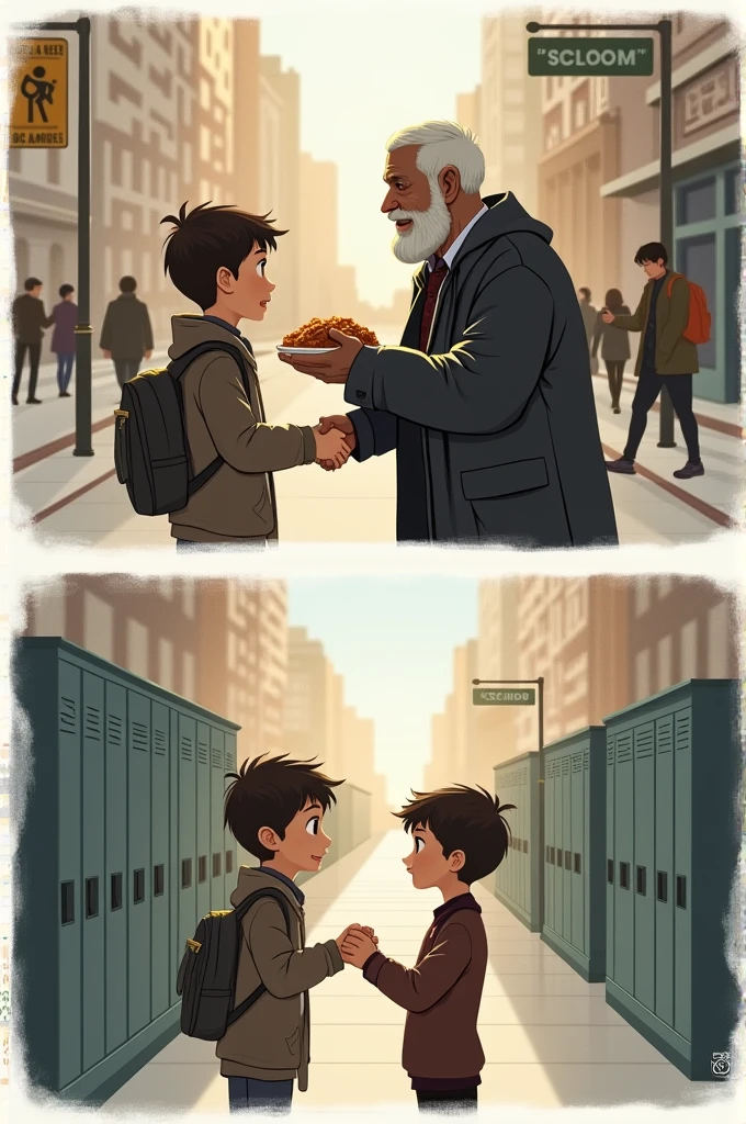 The image will have two scenes,The first scene will have a boy offering food to a homeless man,The second scene will have a boy greeting his teacher,The image will be divided into two parts,each part with each scene,that is not so lively