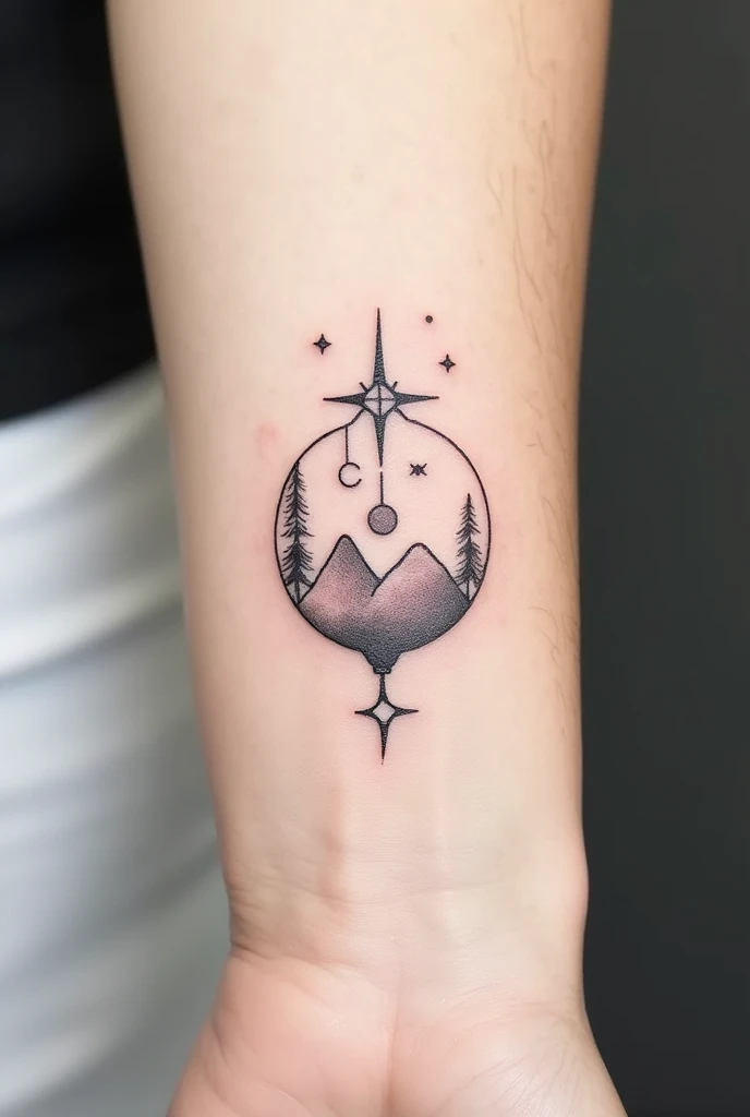 Tattoo Design Request:**

- **Theme:** I want a tattoo design that reflects my love for traveling, hiking, nature, and my connection to my zodiac sign (Cancer) and my boyfriend's zodiac sign (Capricorn).

- **Style:** The design should be minimalistic, created with fine lines. It should be tiny, delicate, and only in black and white.

- **Elements:**
  - **Zodiac Signs:** Incorporate subtle representations of the Cancer and Capricorn zodiac signs. These can be simple line drawings or symbols.and they should be like in very fine lines not drawn out 
  - **Travel:** Add a small travel-related element like a tiny compass, a simple mountain range, or a small airplane outline.
  - **Nature:** Include a nature element such as a small tree, a leaf, or a simple mountain range. The nature elements should evoke a sense of peace and relaxation.

- **Overall Concept:** The design should feel serene and balanced, symbolizing both my love for peaceful, relaxing trips in nature and my strong connections to my zodiac sign and my boyfriend's.

- **Placement:** It’s meant to be a small tattoo, so it should fit comfortably on a wrist, ankle, or behind the ear.

