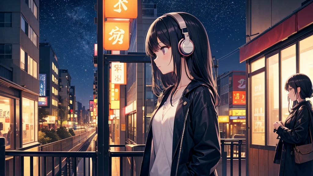 Autumn evening View of the sky from the cafe。A young girl with black hair wearing stylish clothes and headphones labeled "lo-fi" The girl is shown in profile, gazing into the distance with a calm, relaxed expression Background depicts the iconic scenery of Namba, Osaka at night, without any text on signs A starry night sky adding to the peaceful atmosphere Overall mood is quiet and serene, perfect for lo-fi music Detailed hair rendering and careful attention to the girl's fashionable outfit The entire scene should evoke a relaxing, introspective feeling ociated with lo-fi music