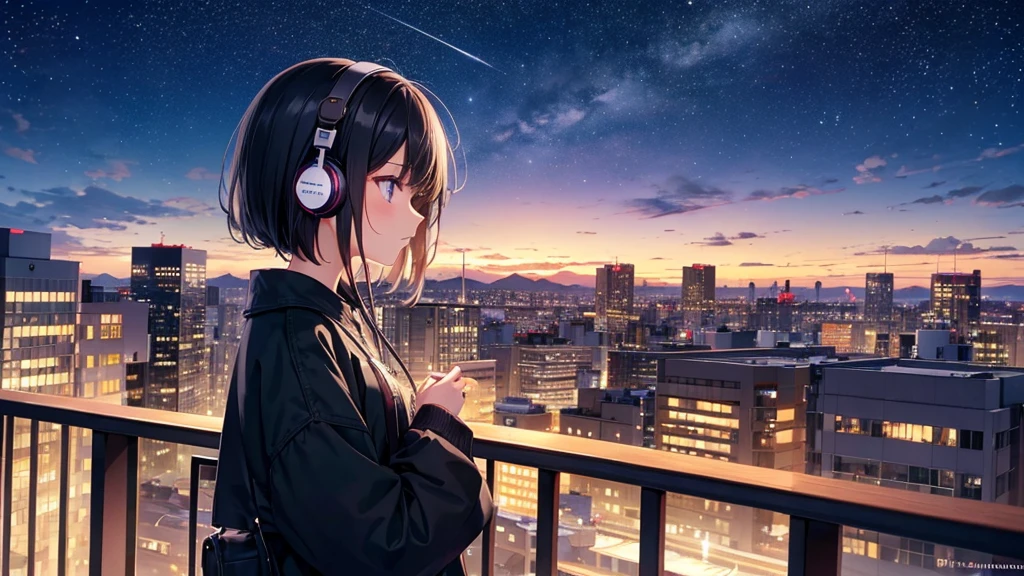 Autumn evening View of the sky from the cafe。A young girl with black hair wearing stylish clothes and headphones labeled "lo-fi" The girl is shown in profile, gazing into the distance with a calm, relaxed expression Background depicts the iconic scenery of Namba, Osaka at night, without any text on signs A starry night sky adding to the peaceful atmosphere Overall mood is quiet and serene, perfect for lo-fi music Detailed hair rendering and careful attention to the girl's fashionable outfit The entire scene should evoke a relaxing, introspective feeling associated with lo-fi music