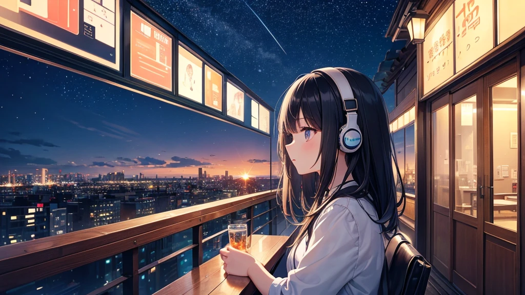 Autumn evening　View of the sky from the cafe。A young girl with black hair wearing stylish clothes and headphones labeled "lo-fi" The girl is shown in profile, gazing into the distance with a calm, relaxed expression Background depicts the iconic scenery of Namba, Osaka at night, without any text on signs A starry night sky adding to the peaceful atmosphere Overall mood is quiet and serene, perfect for lo-fi music Detailed hair rendering and careful attention to the girl's fashionable outfit The entire scene should evoke a relaxing, introspective feeling associated with lo-fi music