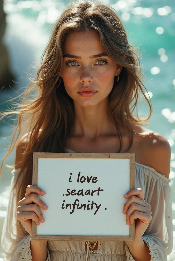 Beautiful girl with wavy long hair, bohemian dress, holding a white board with text "I Love Seaart Infinity" and showing it to the viewer