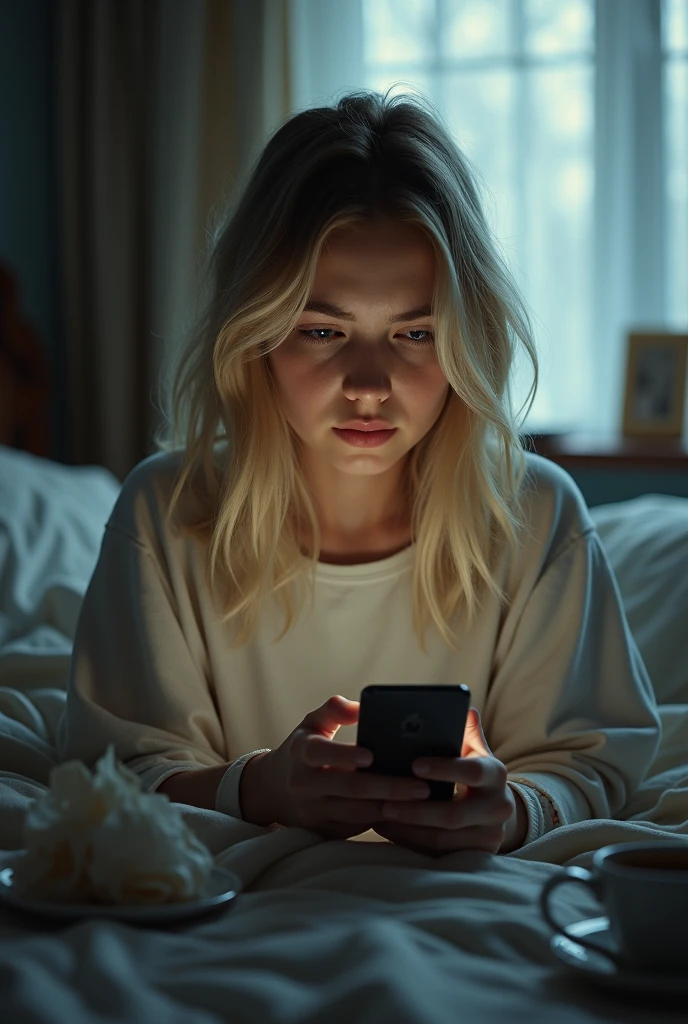 Dull and disappointed blonde girl reading a text message in her room