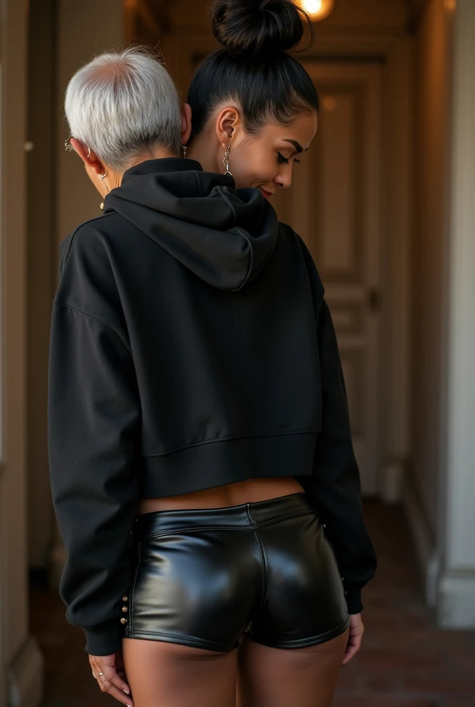 black woman hair in a bun black hoodie black leather short shorts being fucked in the ass by a old grandma in a dress