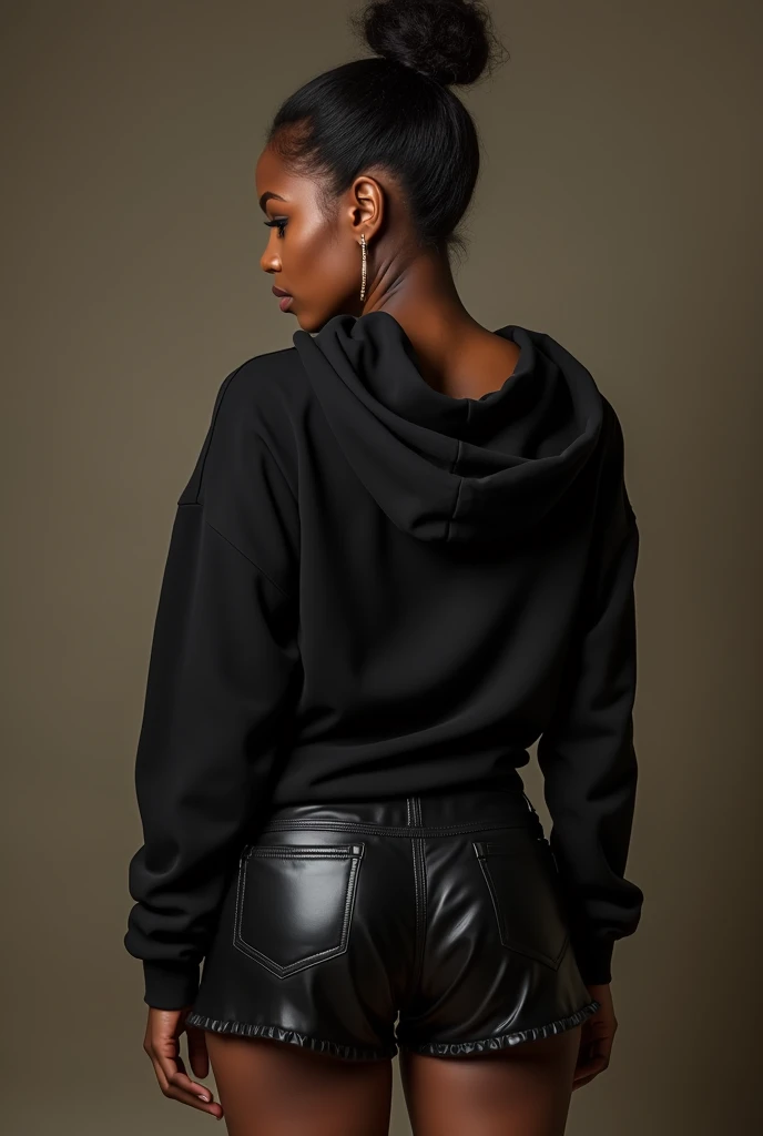 black woman hair in a bun black hoodie black leather short shorts being fucked in the ass by a old grandma in a dress