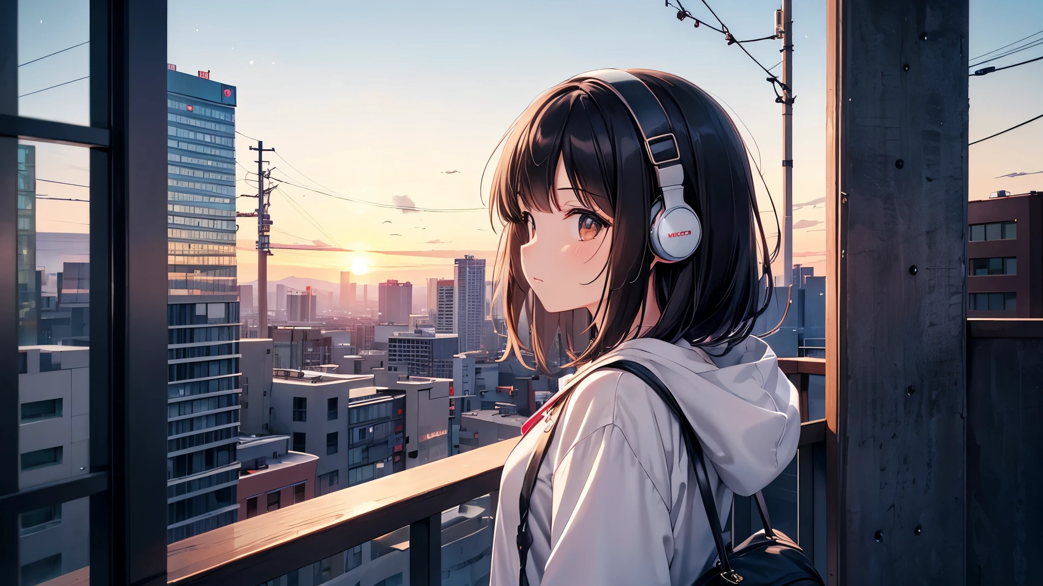 Watching the autumn sunset。A young girl with black hair wearing stylish clothes and headphones labeled "lo-fi" The girl is shown in profile, gazing into the distance with a calm, relaxed expression Background depicts the iconic scenery of Namba, Osaka at night, without any text on signs A starry night sky adding to the peaceful atmosphere Overall mood is quiet and serene, perfect for lo-fi music Detailed hair rendering and careful attention to the girl's fashionable outfit The entire scene should evoke a relaxing, introspective feeling associated with lo-fi music