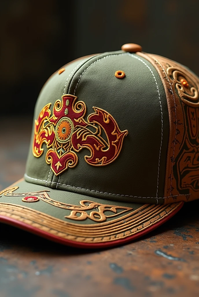 Tribal Inspired Cap: Cap with a design that incorporates tribal patterns in earth tones, like brown, olive green and beige. The front panel has a large tribal symbol representing strength and unity., embroidered in gold thread. The visor is made of a leather-like material with tribal motifs etched along the edges.. The team logo is embroidered on the side of the cap with red and orange details., adding a vibrant touch.