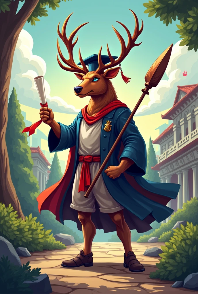 Make me a school promotion logo that carries , A school , a graduation hat, a diploma and a human with a deer head holding a spear