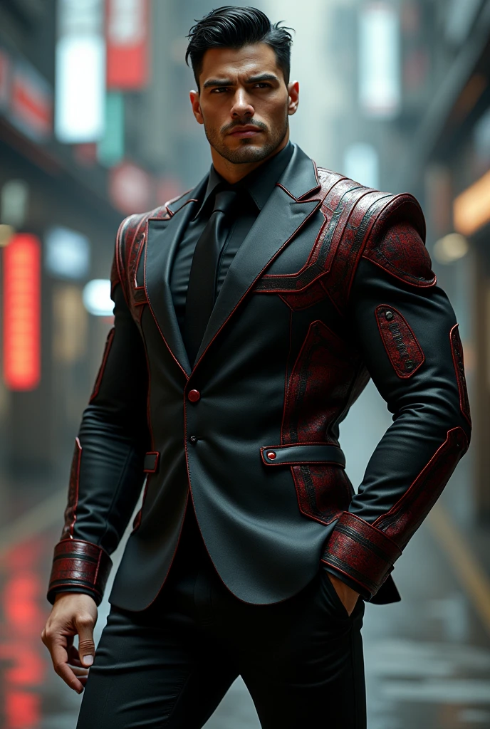 male, macho male, Black Hair, muscular male, Futuristic clothing, tights, Black suit, Patterned red, Money, uniform, Charm
