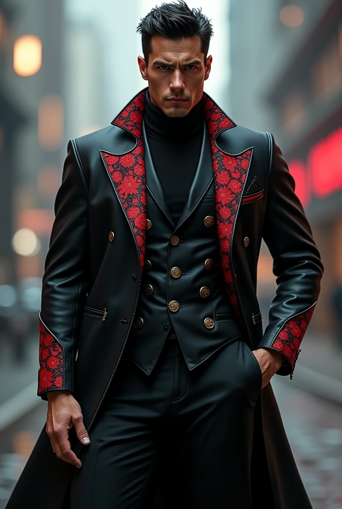 male, macho male, Black Hair, muscular male, Futuristic clothing, tights, Black suit, Patterned red, Money, uniform, Charm