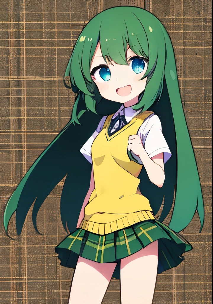 One girl, green skirt, plaid, checked skirt, Southwest High School uniform, uniform, skirt, sweater vest, (yellow sweater: 1.3), short sleeves, cartoon character, curvy, cute face, big smile, strong eyes, many eyes, kind loving face, bright expression, blue eyes, dark green hair, voluminous dark green hair, voluminous dark green hair, long straight hair, face in focus, fresh smile, big droopy blue eyes
Translated with DeepL.com (free version)