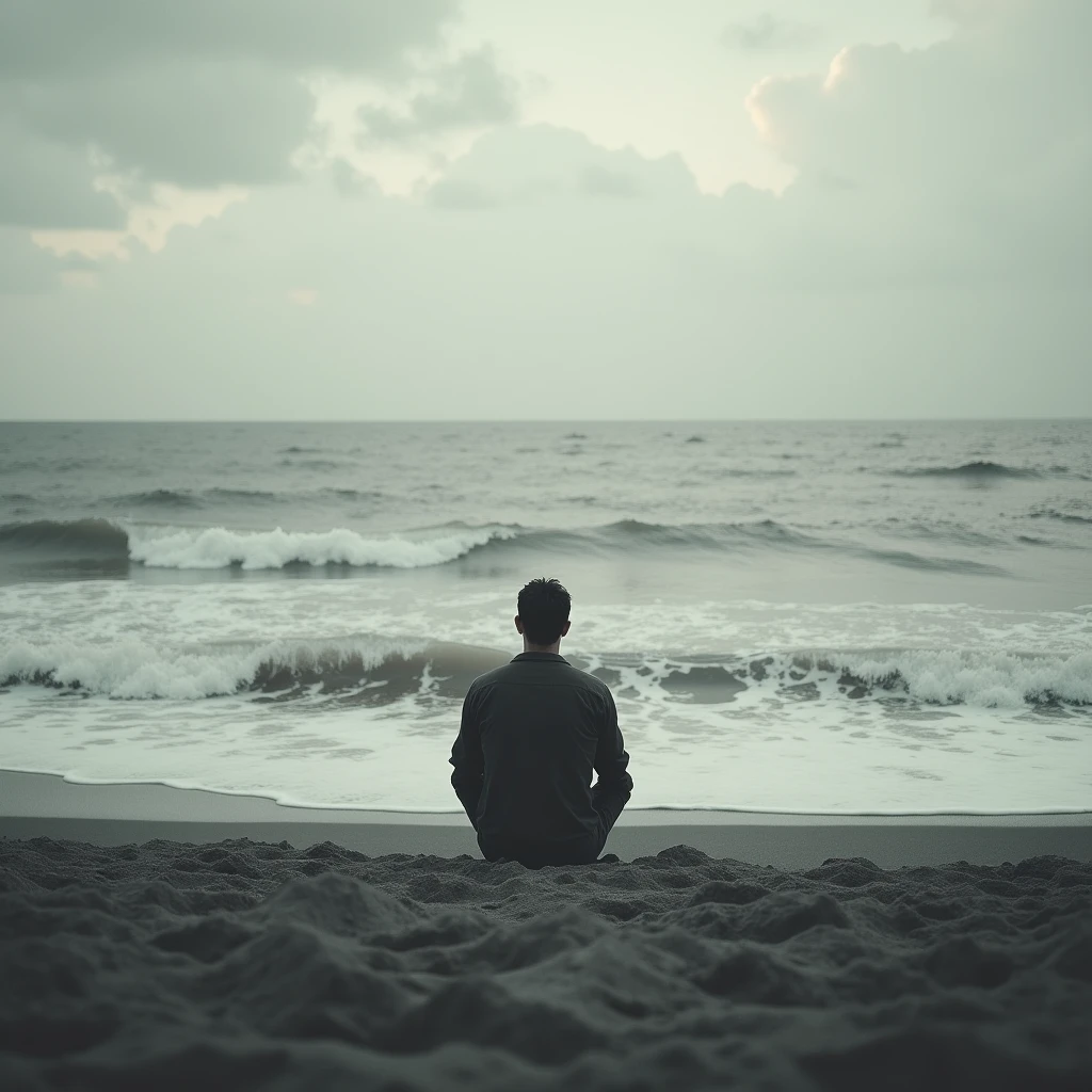 distant man in the distance sitting on the sand admiring the immensity of the ocean, surf , arena, costa, clouds, cloudy, winds, loneliness, melancholia, sadness, Photography, Realism, analogic camera effect, masterpiece, perfect composition, black and white