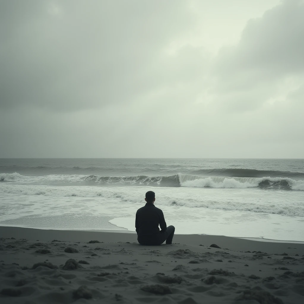distant man in the distance sitting on the sand admiring the immensity of the ocean, surf , arena, costa, clouds, cloudy, winds, loneliness, melancholia, sadness, Photography, Realism, analogic camera effect, masterpiece, perfect composition, black and white
