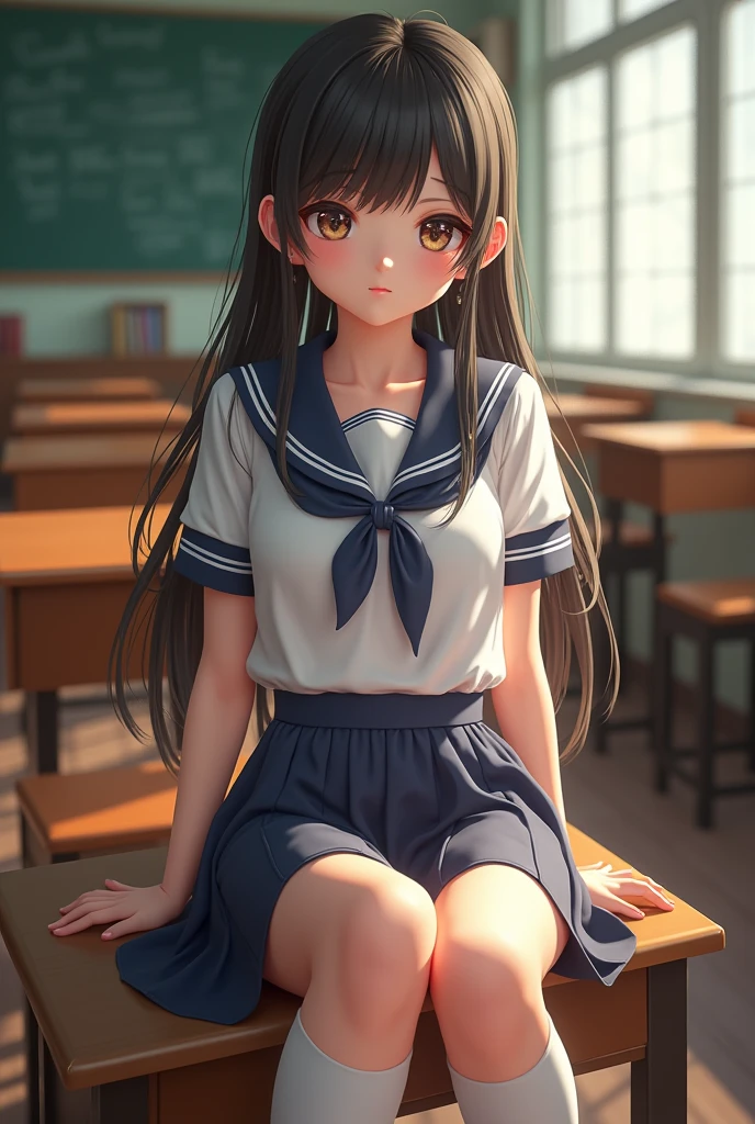 a cute schoolgirl, 1girl, detailed face, beautiful eyes, full lips, body, white stockings, high socks, school uniform, school setting, classroom, detailed feet, foot fetish, (best quality,4k,8k,highres,masterpiece:1.2),ultra-detailed,(realistic,photorealistic,photo-realistic:1.37),intricate details, vivid colors, soft lighting, beautiful background