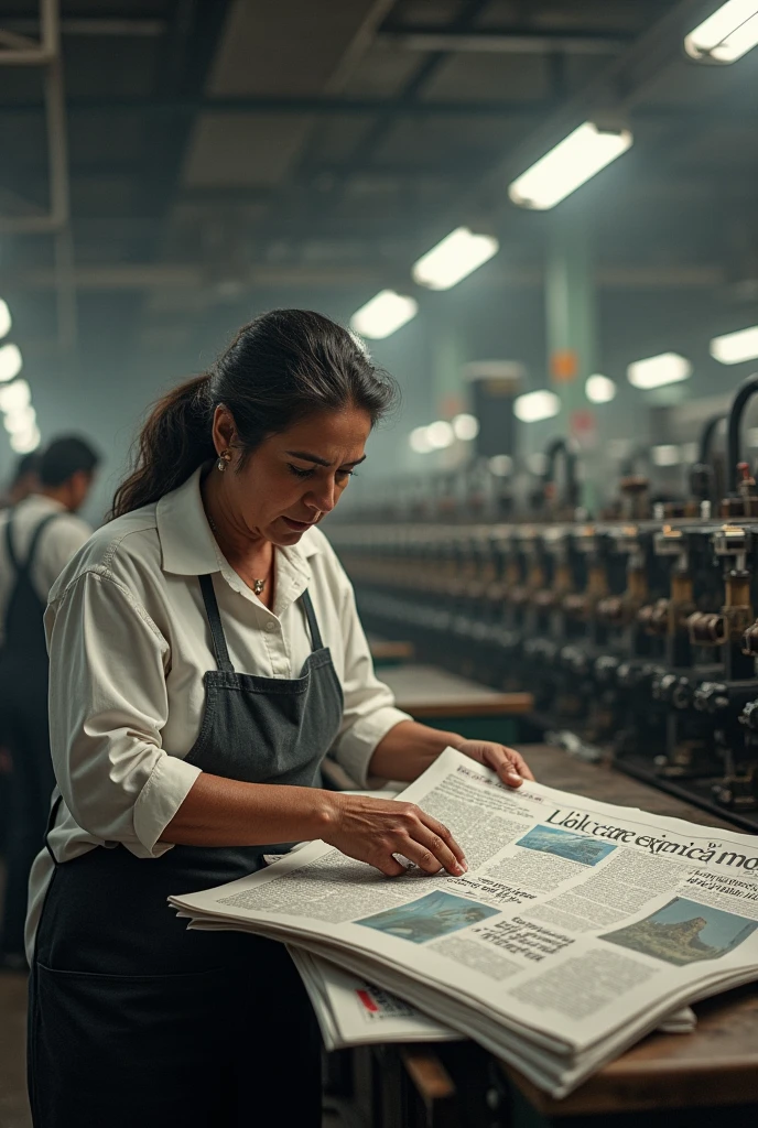 Scene of Maria Nieves senior in a printing press, checking the pages of the newspaper while the workers print. The atmosphere is one of intense work