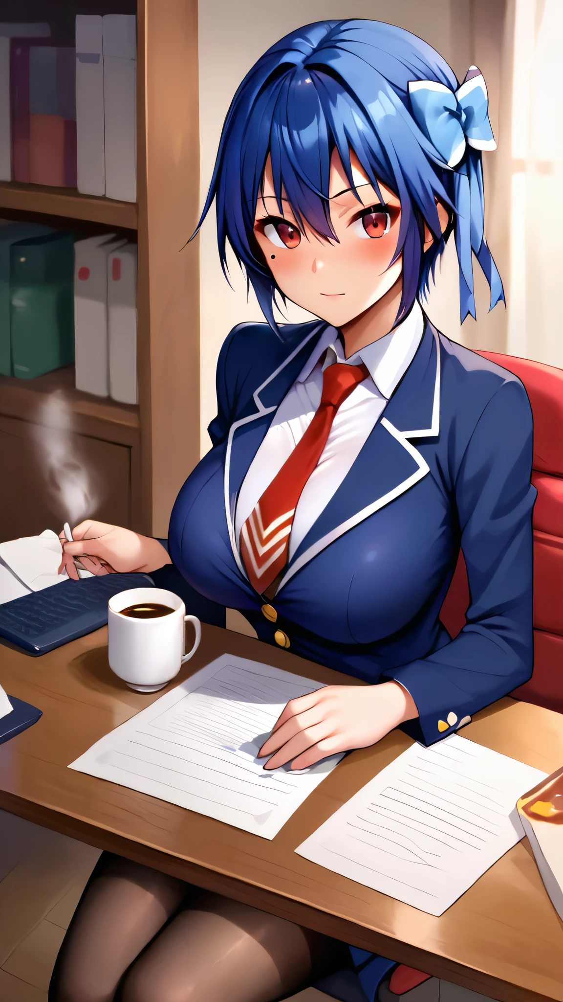 score_9, score_8_wonderful, score_7_wonderful, score_6_wonderful, sauce_anime, 1 person, solo BREAK tsugumi seishirou, Mole under the eye, Blue Hair, short hair, Hair Ribbon, business suit, Tight Skirt, Black Stockings, large breasts, blush, Office, Sit on a chair, coffee