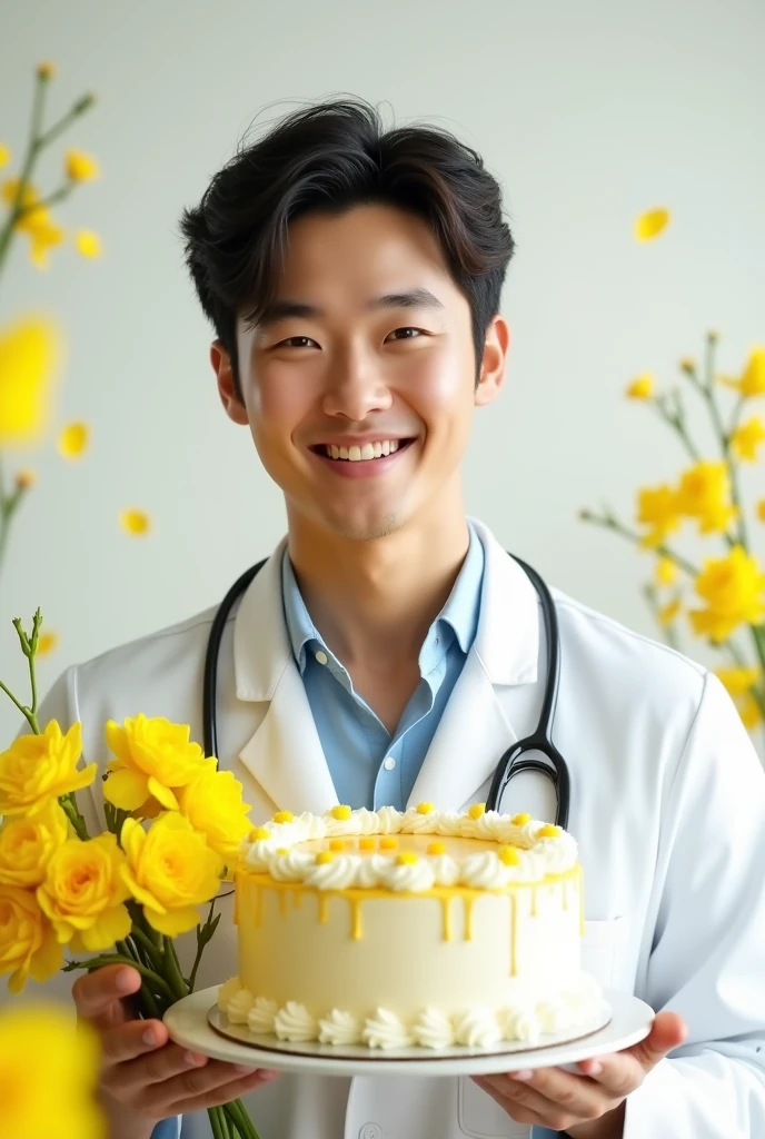 Kdrama actor Lee Min-ho winking while dressed as a doctor holding yellow flowers and a birthday cake. on a transparent background 