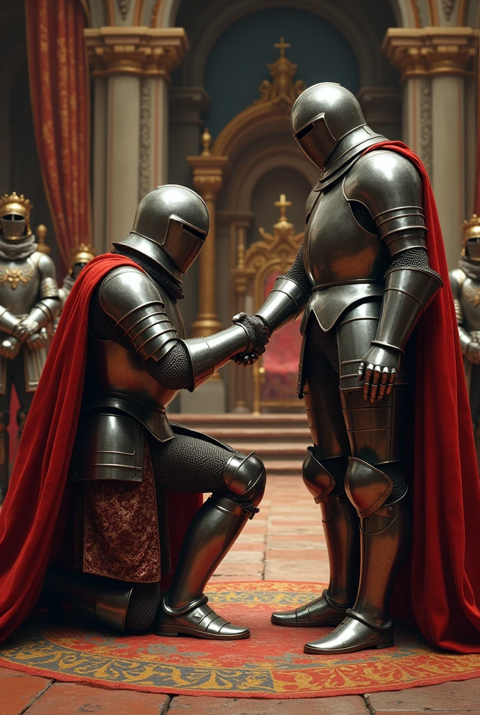 In medieval times, a knight in armor like the Cid from the work El cantar del mio cid, kissing the king's hand inside a castle where his throne is