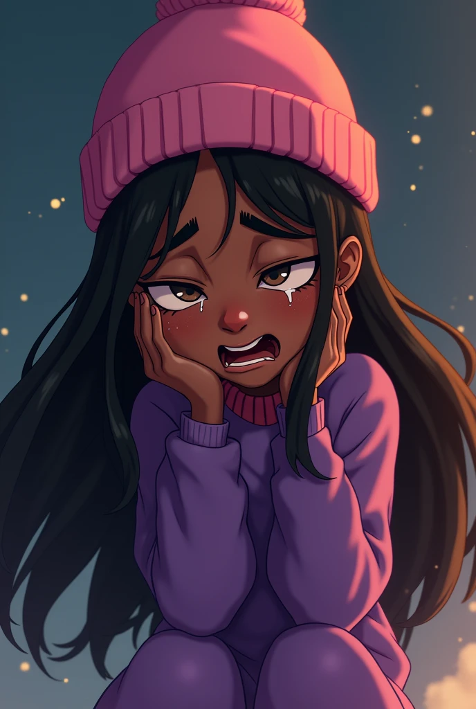 Young Black girl. Anguish. Sorrow. Hurt. Pain. Tears streaming down face. Breaking down. Isolated. Long brown hair. Pink beanie on head . Long purple modern clothing. Animated. Ultra high quality.
