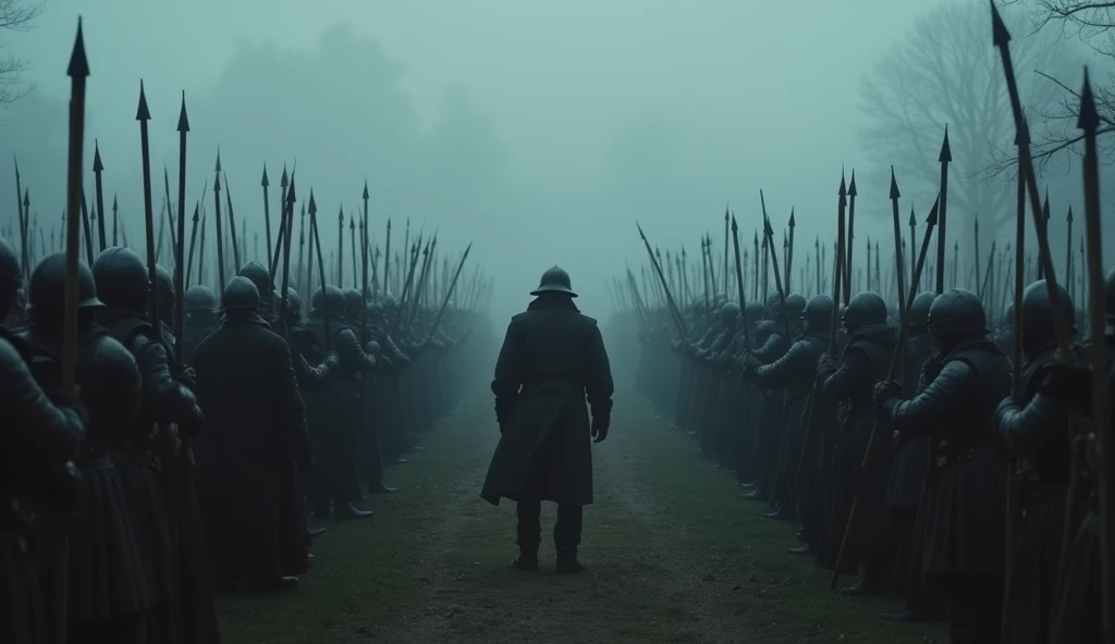 In a moody, atmospheric setting, English troops prepare for war with meticulous precision. The scene unfolds in a dimly lit training ground, where the early morning mist swirls around the encampment. Soldiers, clad in weathered armor and cloaked in dark hues, engage in rigorous drills. Their movements are sharp and disciplined, reflecting their focus and determination. In the background, a commander, stern and commanding, observes the training with a critical eye, ensuring every detail is executed flawlessly. The air is thick with the scent of iron and leather, and the sound of clashing swords and hoofbeats echoes through the mist. The camp is lined with neatly arranged weaponry and equipment, emphasizing the meticulous organization of the forces. The scene, rich in dark tones and dramatic lighting, captures the solemn and intense preparation for war, rendered in the evocative style of Edmund Blair Leighton., Surrealism, Hyperrealism, UHD, retina, masterpiece, accurate, anatomically correct, textured skin, super detail, 16k