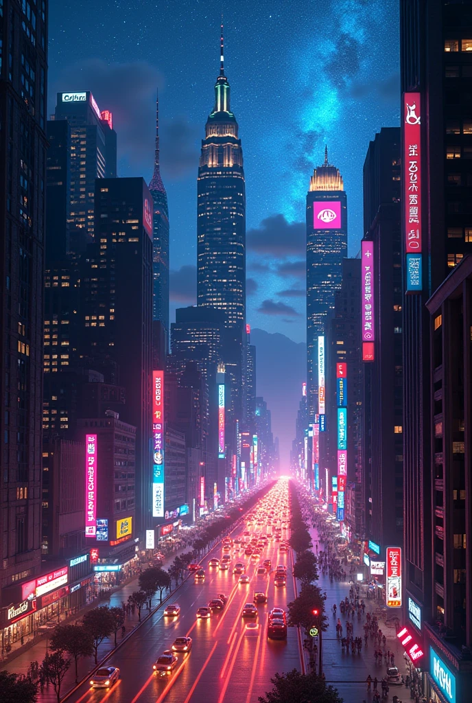 New York City, Night view, Ultra-high resolution,8k, Neon Town, Photorealistic, Colorful,Beautiful starry sky