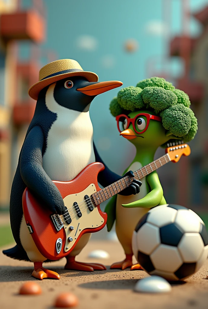 Penguin with an electric guitar, a soccer ball and his friend, a broccoli with glasses and a cap
