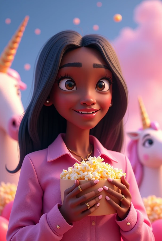 3D Pixar drawing of a dark skinned woman, straight black hair, wearing a pink shirt, with popcorn in hand, and unicorn background