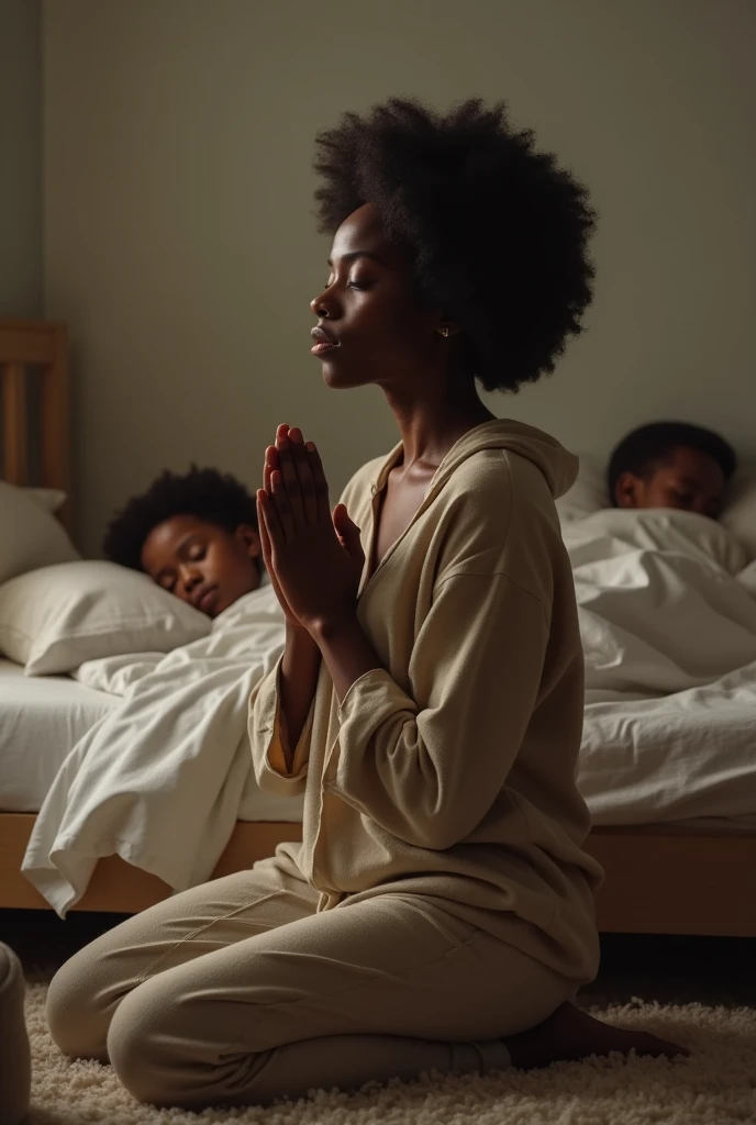 Une image d'une jeune dame noire étant en genoux entrain de prier dans sa chambre tout près du lit avec ses deux enfants dormant sur ce lit