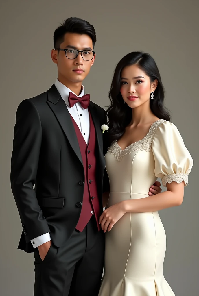 Create a photorealistic photo.
A groom's attire. A black suit with burgundy outlining, with white long sleeve and burgundy vest and burgundy necktie and black pants with black shoes. The suit is for a 5feet filipino male, 80kilograms weight and 36 waistline brown skin with black eyeglasses.
Together is a bride wedding gown. An off white plain puff sleeve square neck mermaid mikado dress for a 5feet filipina with small breastline.