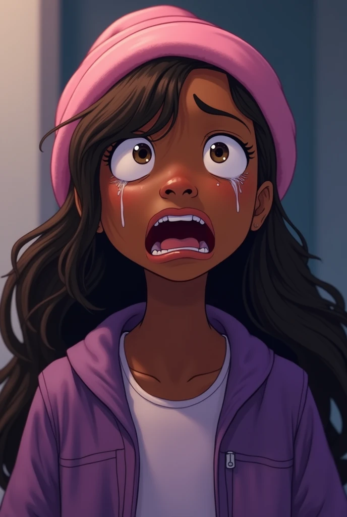 Young Black girl. Anguish. Sorrow. Hurt. Pain. Tears streaming down face. Breaking down. Isolated. Long brown hair. Pink beanie on head . Long purple modern clothing. Animated. Ultra high quality.
