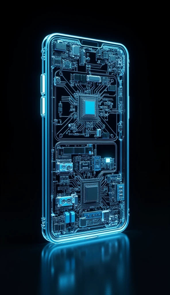  Glass cell phones disassembling with futuristic blue lines on black background