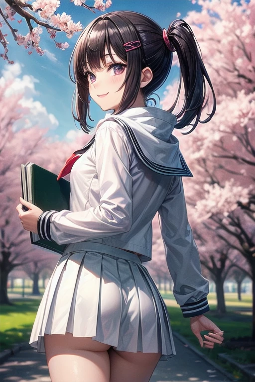 score_9, score_8_up, score_7_up, score_6_up, score_5_up, score_4_up, source_anime, aatomoyo, medium hair, black hair, hair clip, parted bangs, purple eyes, small breasts, serafuku, white sailor collar, white scarf, black shirt, long sleeves, pleated skirt, white skirt, with book in hands, from behind, leaning forward, standing, outdoors, cherry blossoms, smile, from behind, showing butt, looking at viewer