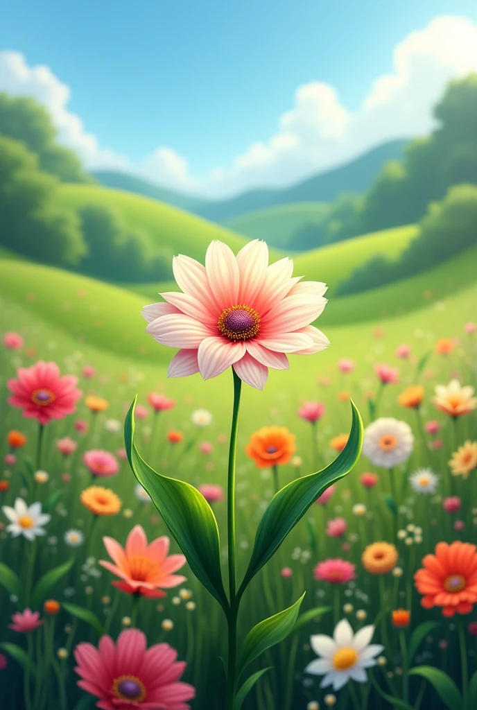 Green field with various flowers, but with a flower standing out in the center