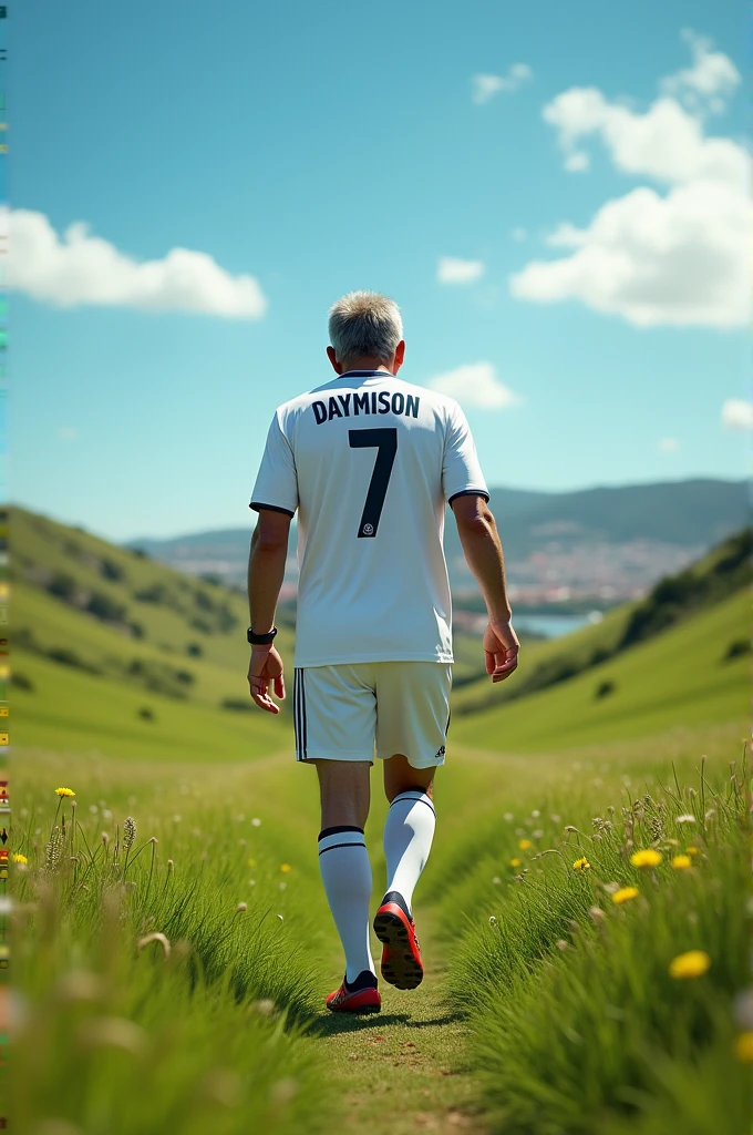 an adult man from the coast with the real Madrid shirt with the name "daymison" number 7, walking across the field