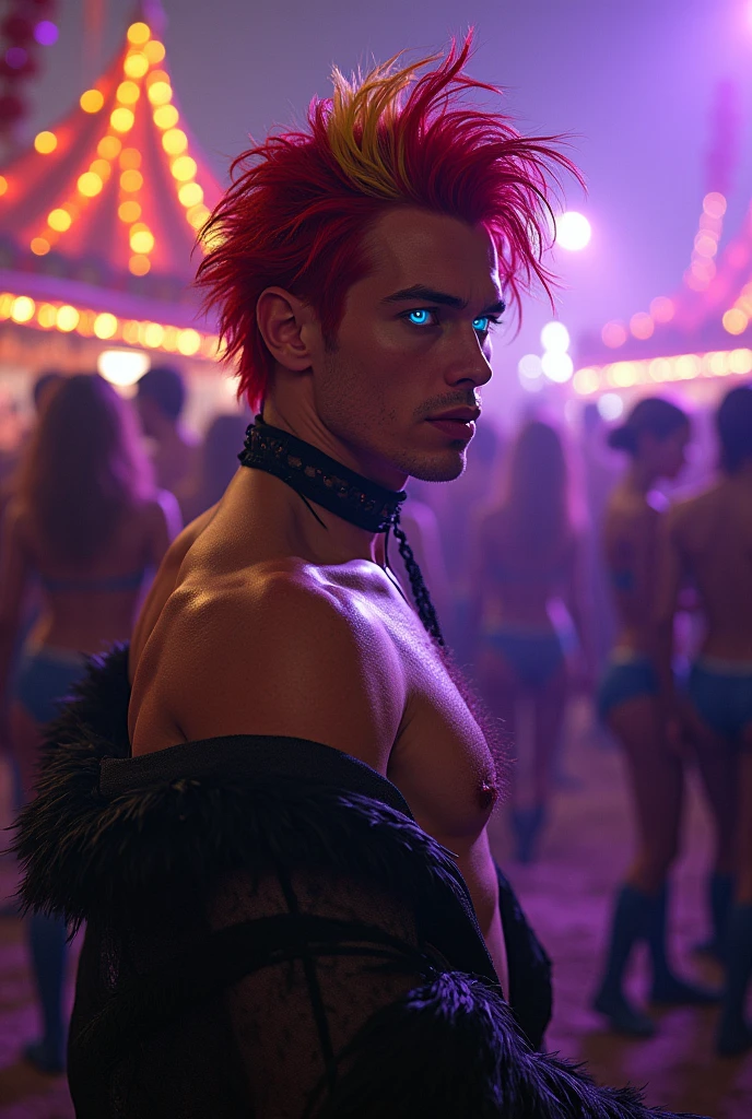 absurd, high resolution, ultra detailed, HDR, masterpiece, best quality, extremely detailed, detailed eyes, Quincy, red hair with yellow side streaks, messy ponytail hair, hair between the eyes, expressive blue eyes, Naked Carnival, solo, manhwa man, sexy man, manly man, horny, lustful, handsome, fantasy, undressing, black haori, transparent kimono, black choker, feathers, accessories, black gloves, fingerless gloves, elbow gloves, black bow headband, cock full of old perverts, ear microphone, purple light spotlights, mouth piercing, crowded show, fantasy manhwa, dick show,