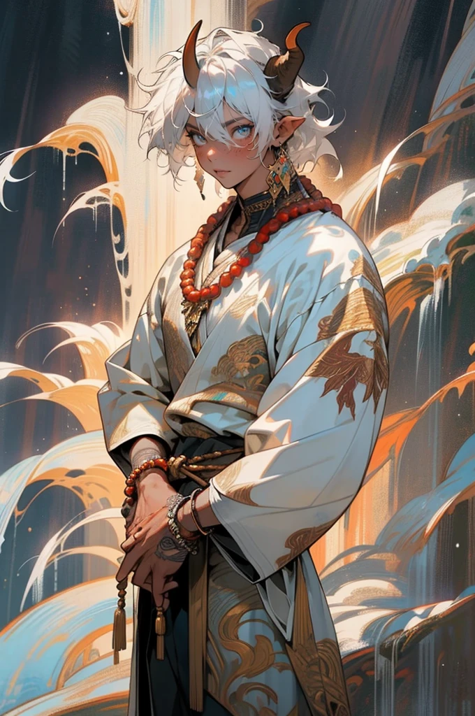 1male, , tan skin, finely detailed glowing blue eyes, ((detailed hands)), nice hands, medium messy hair, white hair color, prayer bead necklace, prayer bead bracelet, standing with hands in pocket, standing on mountain trail, waterfall, night, somber expression, ((detailed eyes)), ((horns)), red tattoos on chest