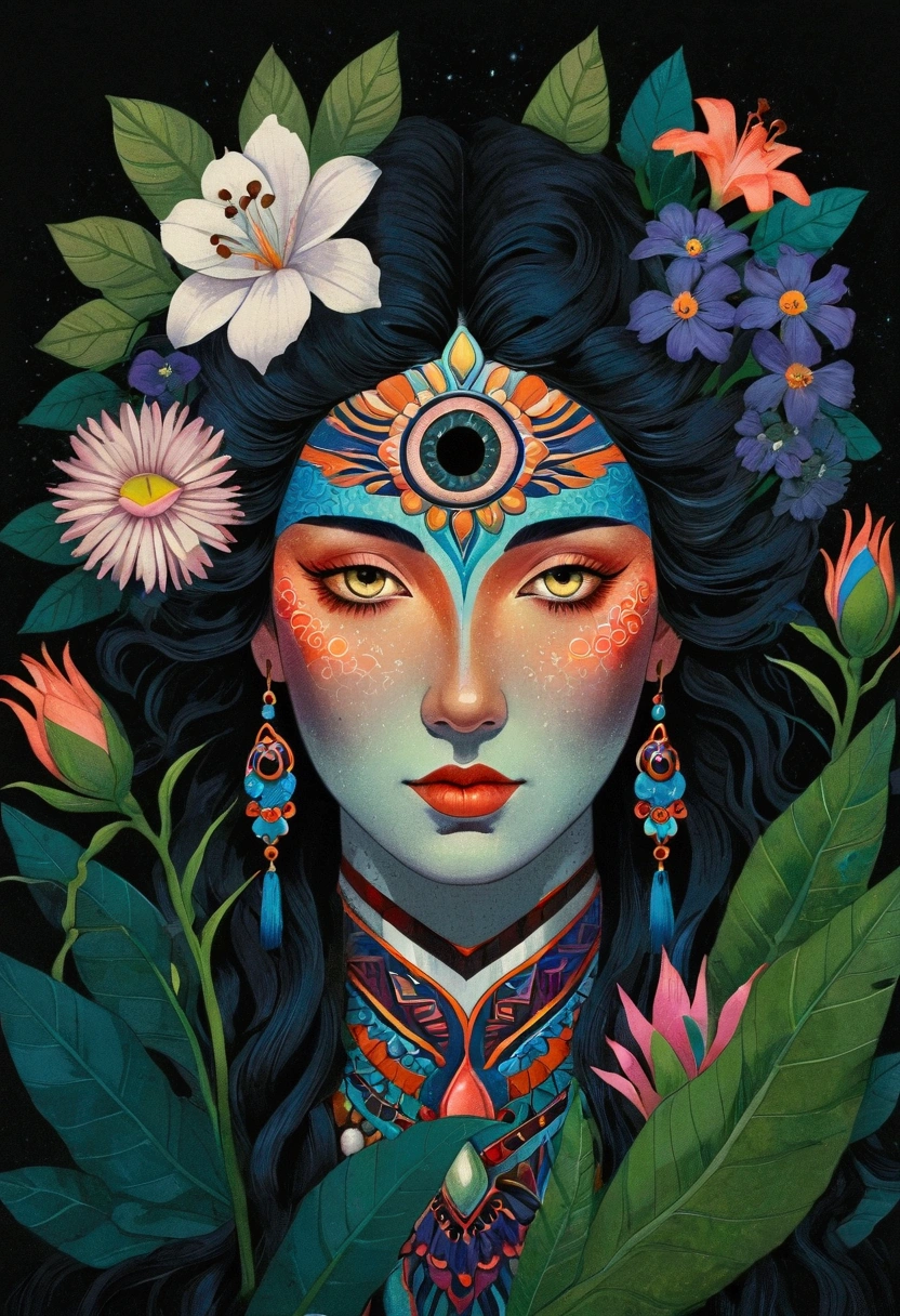 painting of a woman with a flower bouquet in her hair, art deco flower shaman, flowers covering eyes, dark flower shaman, flower shaman, digital art illustration, surreal waiizi flowers, 中 国 鬼 节, intricate artwork. neon eyes, 中 元 节, digital illustration, jen bartel, procreate illustration