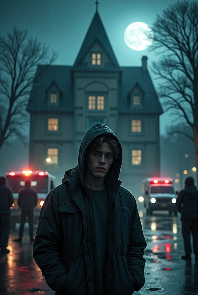 A young man, scared hood, sad in a humid and rainy environment, with an atmosphere of suspense, photo taken at night. In the background a large haunted house. Where a crime just happened. The police, ambulance and people looking curiously And a moon that illuminates. In the background a mysterious man watches the boy..
