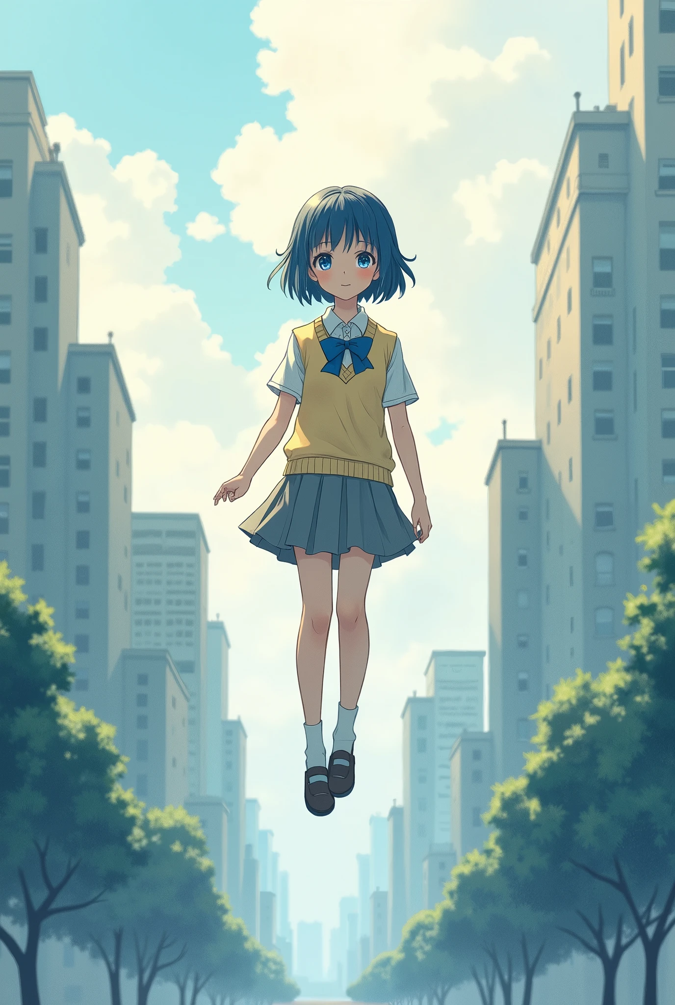 when gravity fails, masterpiece,best quality, watercolor style, (soft blending:1.2), fluid colors, dreamy washes, delicate textures, organic shapes, atmospheric depth, 1girl, short hair, darkblue hair, school uniform, blue bowtie, yellow sweater vest, white shirt, short sleeves, grey skirt, floating above city top, Zero Gravity, dutch angle,